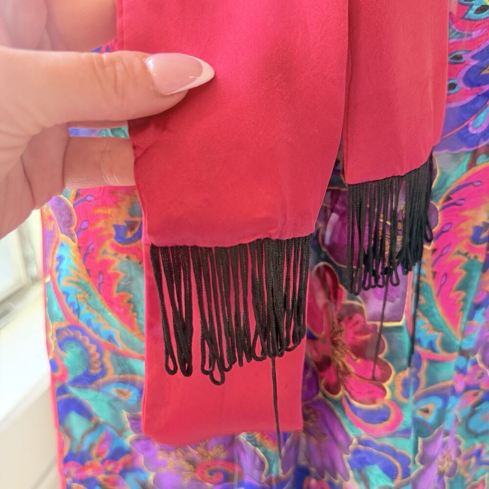 Vtg Victorias Secret Gold Label Paisley Long Robe Pink Satin Trim Fringe Glam S - Picture 5 of 15